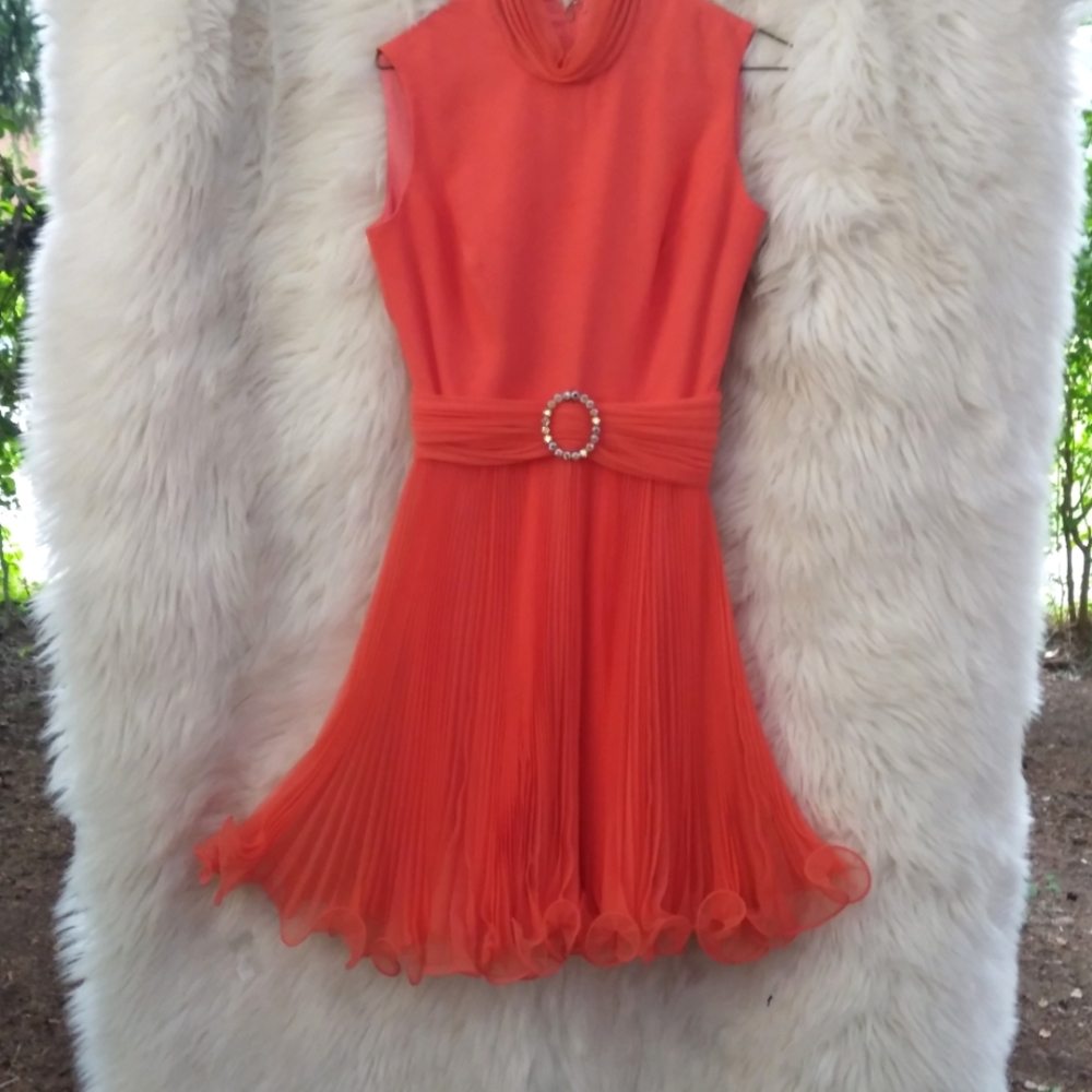 Vintage Jack Bryan Dress Chiffon Coral 60s Pleated Lettuce Ruffle Skirt Small - Picture 6 of 9